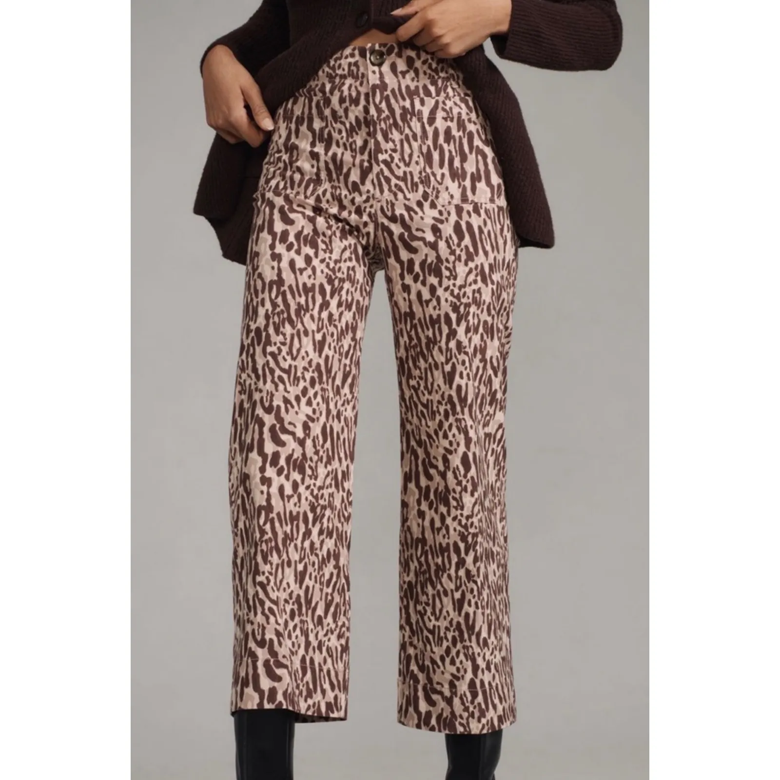 Maeve Colette animal print brown magic fabric crop Wide Leg Pants Anthropologie - Image 2