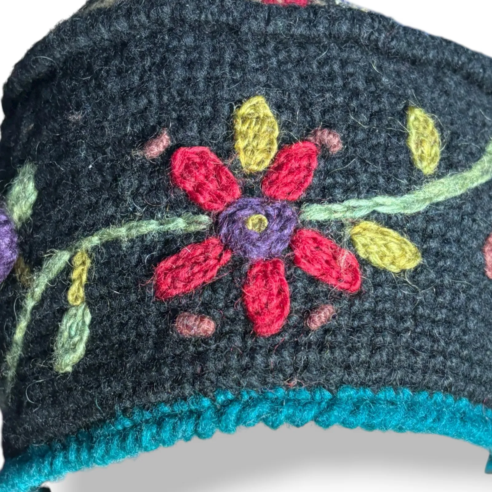 Icelandic Design Newari Handcrafted Wool Floral Hat Boho Folk Art Winter Beanie Black - Image 4