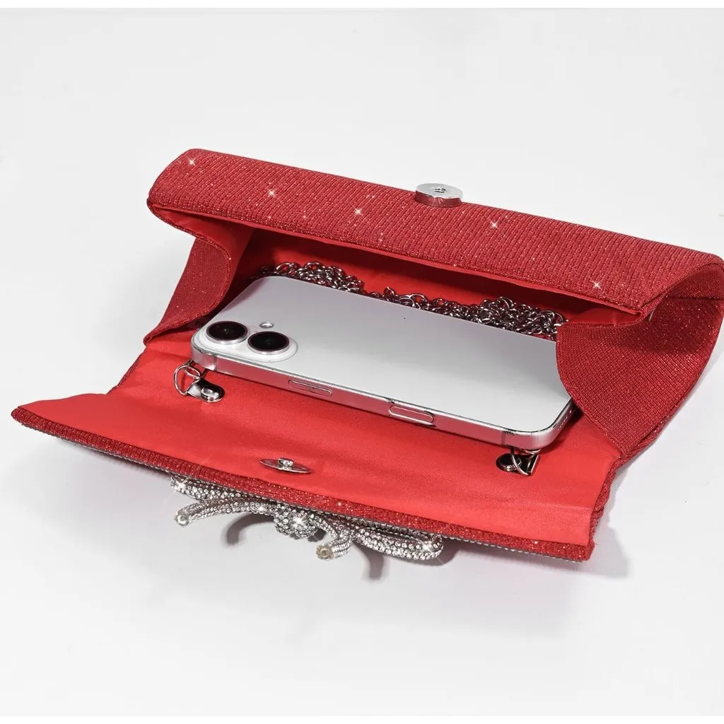 ⚡ Women's Red Bow Sparkly Glitter Evening Rhinestone Party Prom Clutch Bag - Image 5