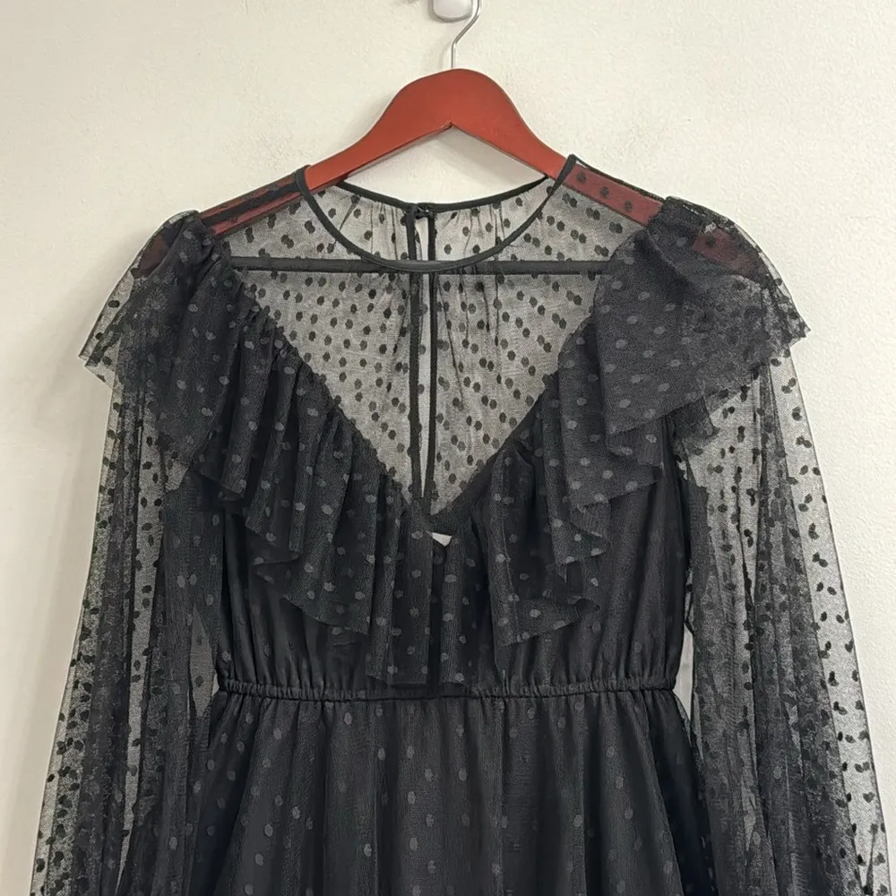 Milly Black dot Tulle Ruffled Tiered Sundress with Bishop Sleeves sz -4 - Image 4