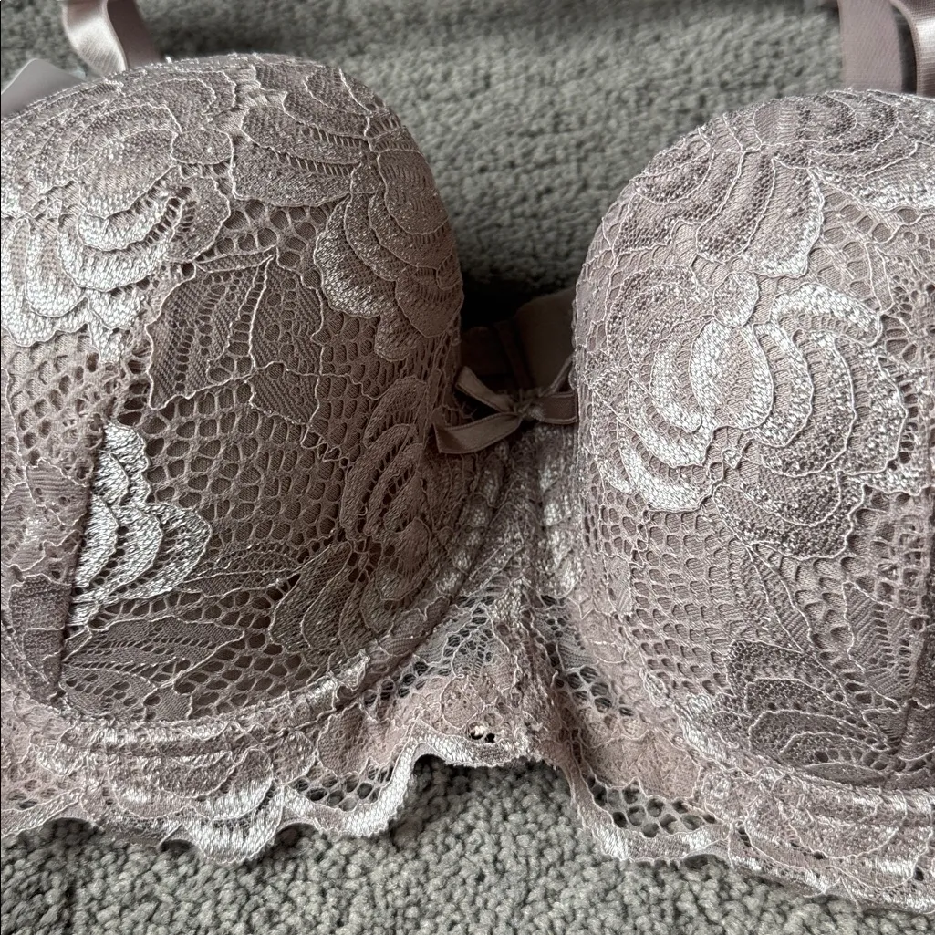 Rene Rofe Lightly Padded Taupe Lace Bra SIZE 34DD Tan - Image 2