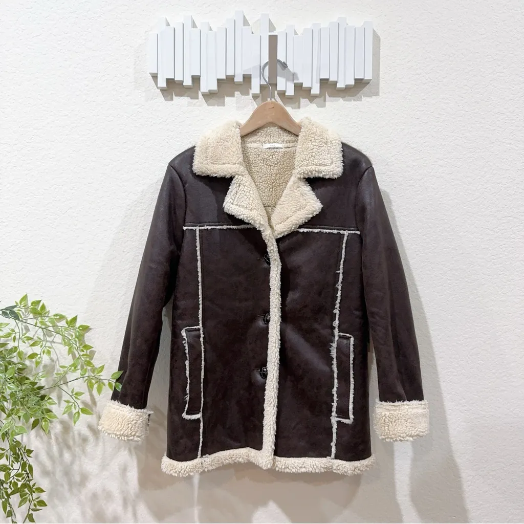 NIA Shoreditch Faux Leather Sherpa Coat Jacket	Brown One Size NWT Brown - Image 2