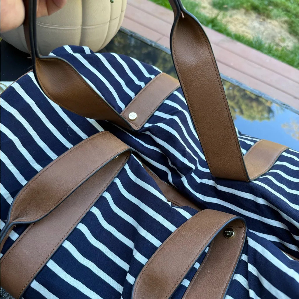 Madden Girl Navy and White Striped Tote with Brown Trim - Image 9