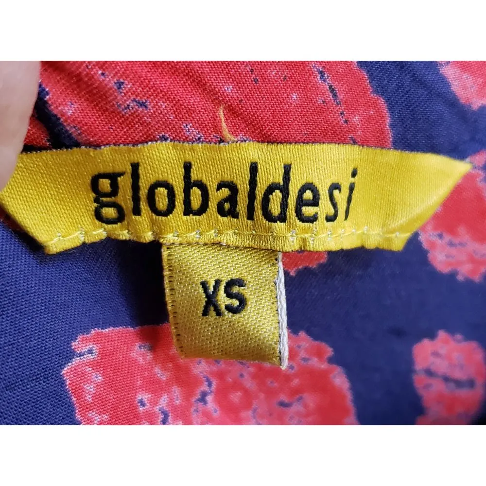 Global Desi Shirt Dress Women's XS Red Blue Geometric Drawstring Roll Tab Sleeve - Image 3