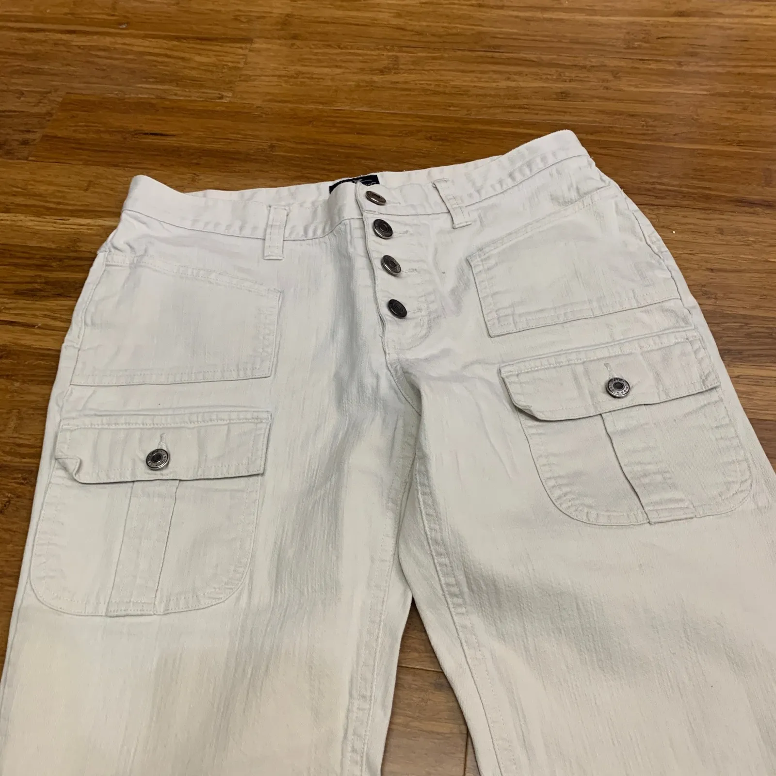 Y2K Bailey's Point Flare Leg Cargo Pants Womens Size 6 Button Fly Cream Utility White - Image 2