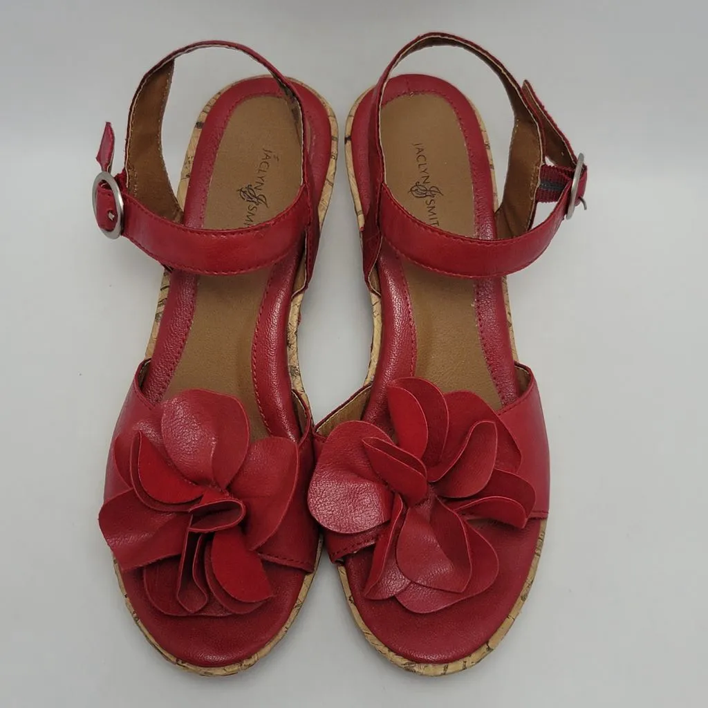 Women's Jaclyn Smith Red Faux Leather Flower Cork Wedge Sandals Size 7M - Image 3