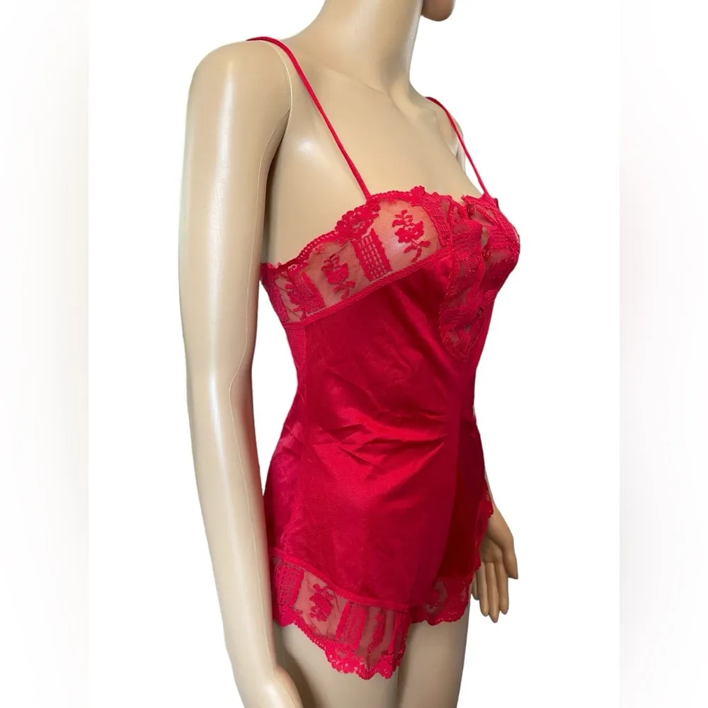 Formfit Vintage 70s Red Sheer Romantic Lace Button Up Lingerie Romper Teddie Size 34 - Image 3