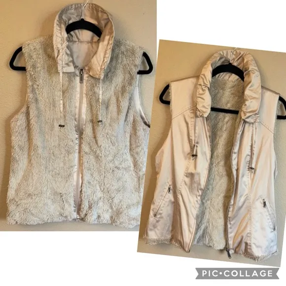 Reversible Cozy Faux Fur Teddy Bear Zip Front Vest Size MEDIUM Beige Tan - Image 2