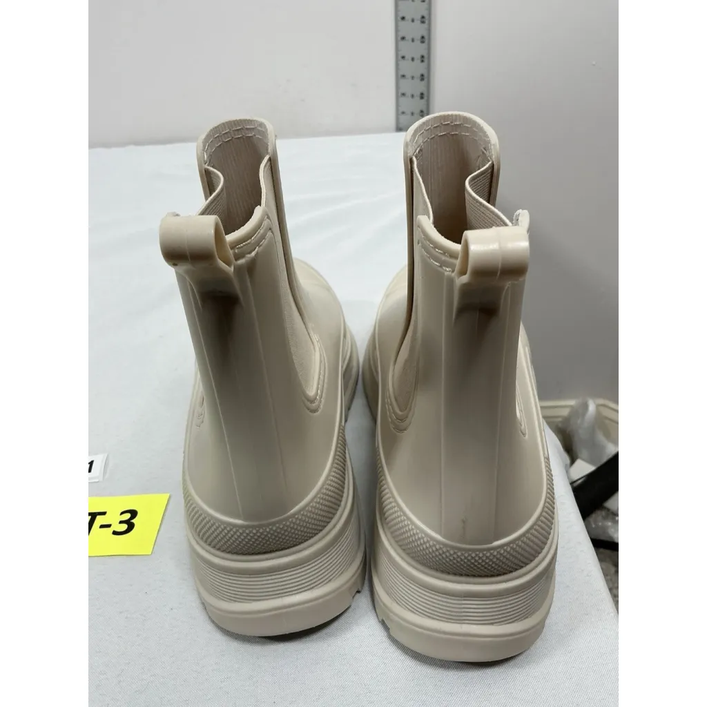 Womans NWD Pullon Chunky Ankle Rubber Boots 10 Beige Round Toe Elastic Ankle Tan - Image 5