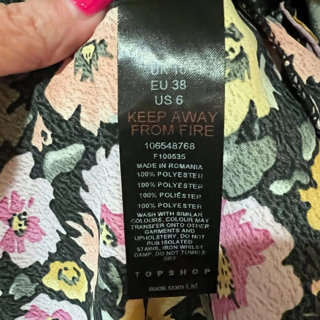 Topshop Floral‎ Print Wrap Front Tie Waist Bell Sleeve Angel Mini Dress Size 6 - Image 16