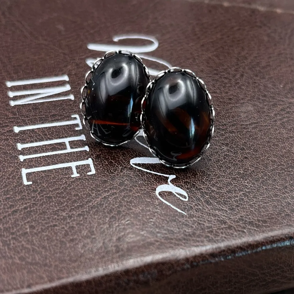 Vintage West Germany Multicolor Amber Brown Glass Cabochon Steel Stud Earrings - Image 4