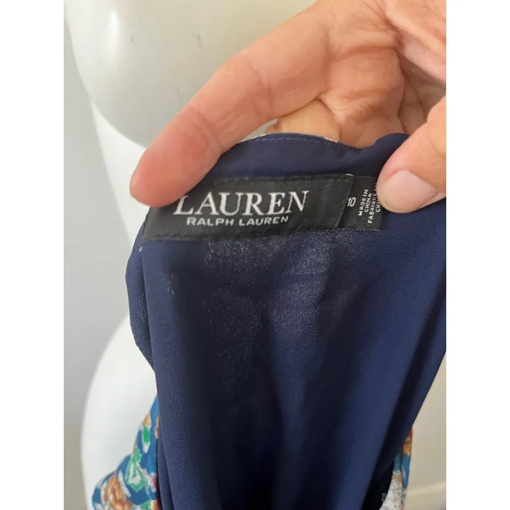 Lauren Ralph Lauren blue Floral scoop neck sleeveless crinkle georgette dress 10 - Image 3