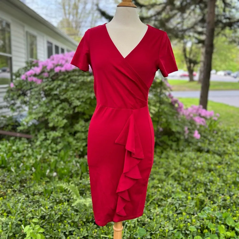 Red Ruffle Fitted Sheath Midi Dress - Image 2