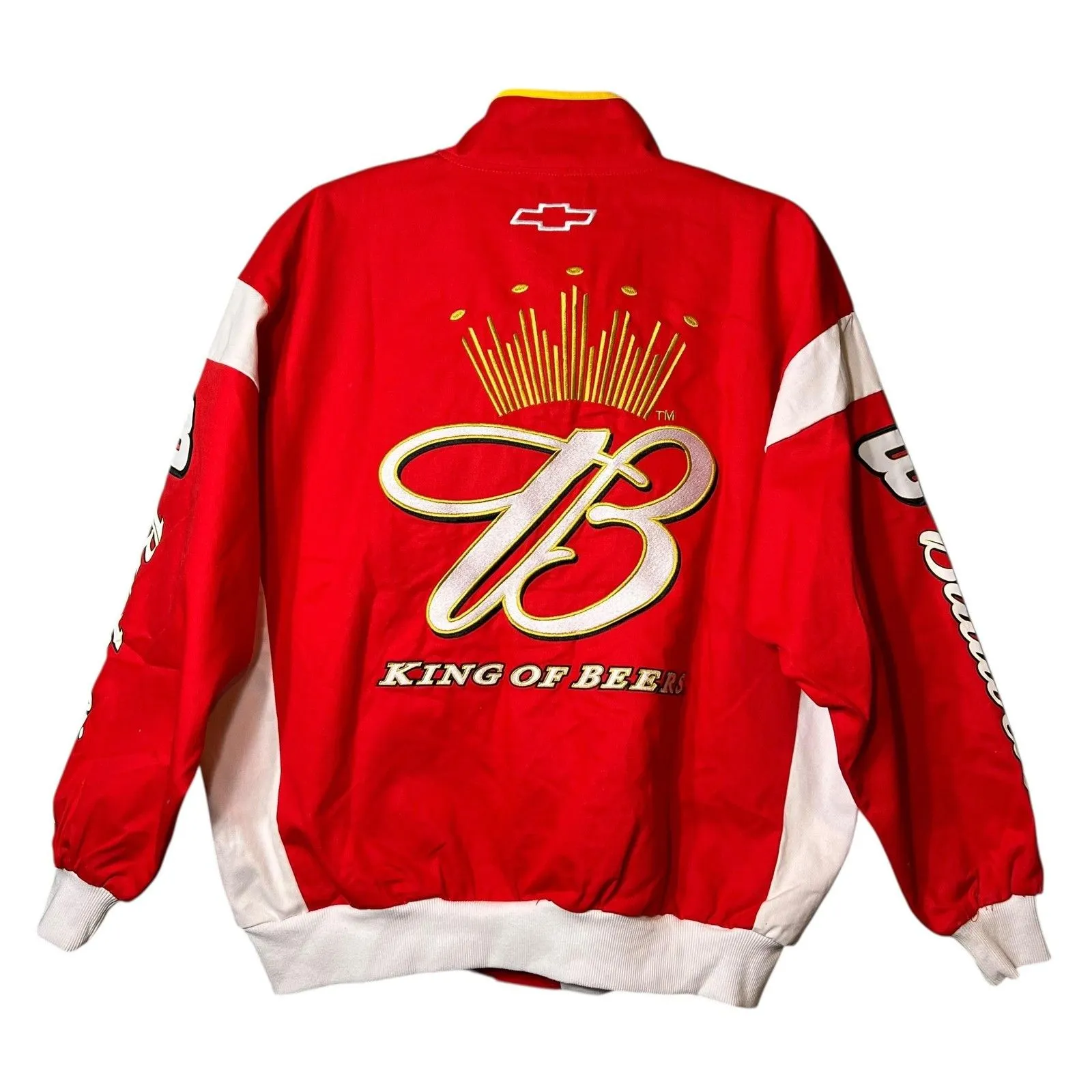 NASCAR Budweiser Jacket Womens Small Red Character Patch Moto Varsity Racing - Image 3