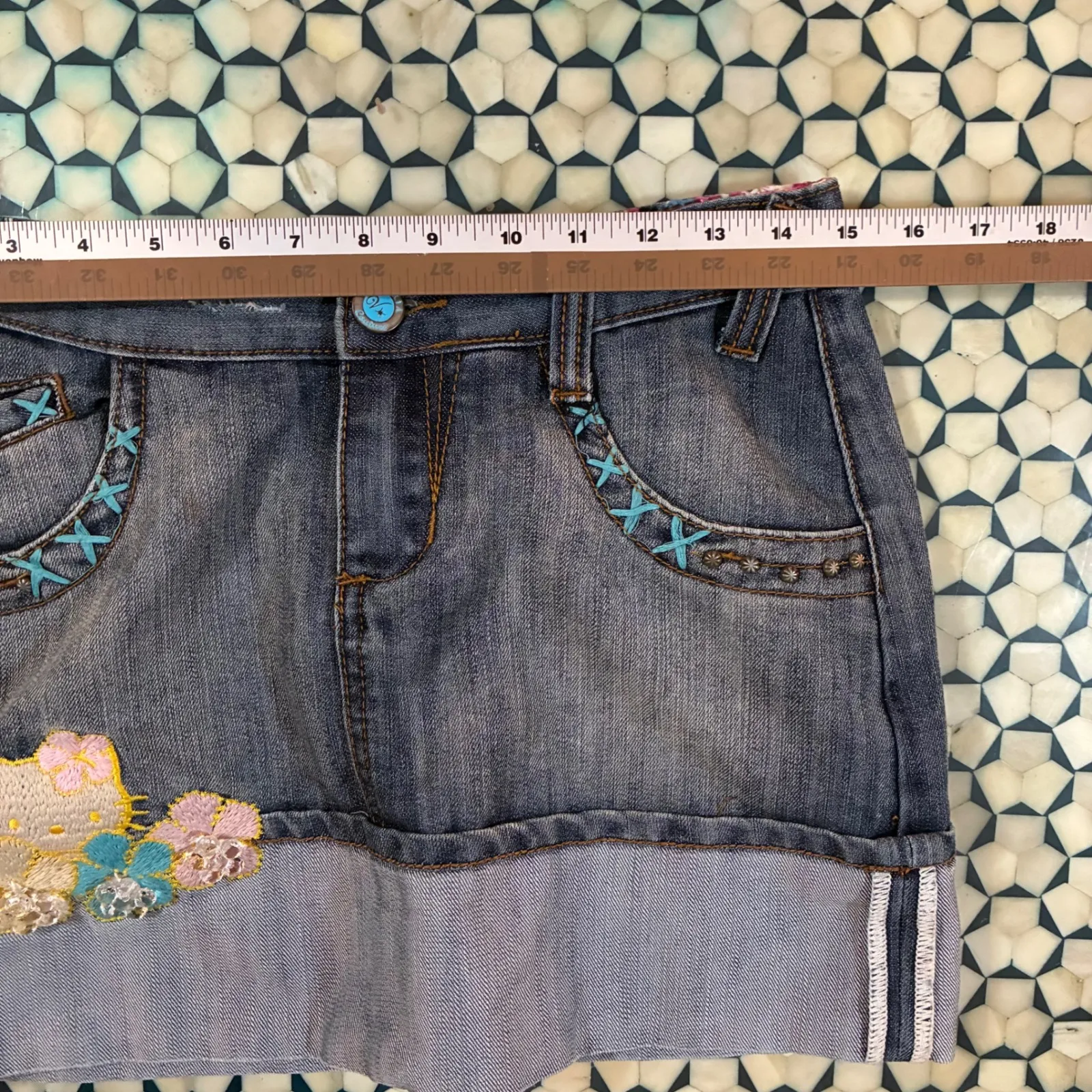 Y2K Victoria Couture x Hello Kitty Denim Mini Skirt Floral Embroider Women's 28 Blue - Image 8