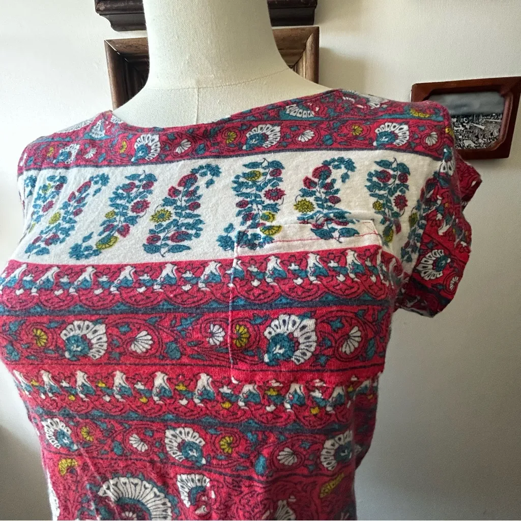 Loft Linen Boho Paisley Capped Sleeve Lightweight Breathable linen T Shirt Small - Image 2