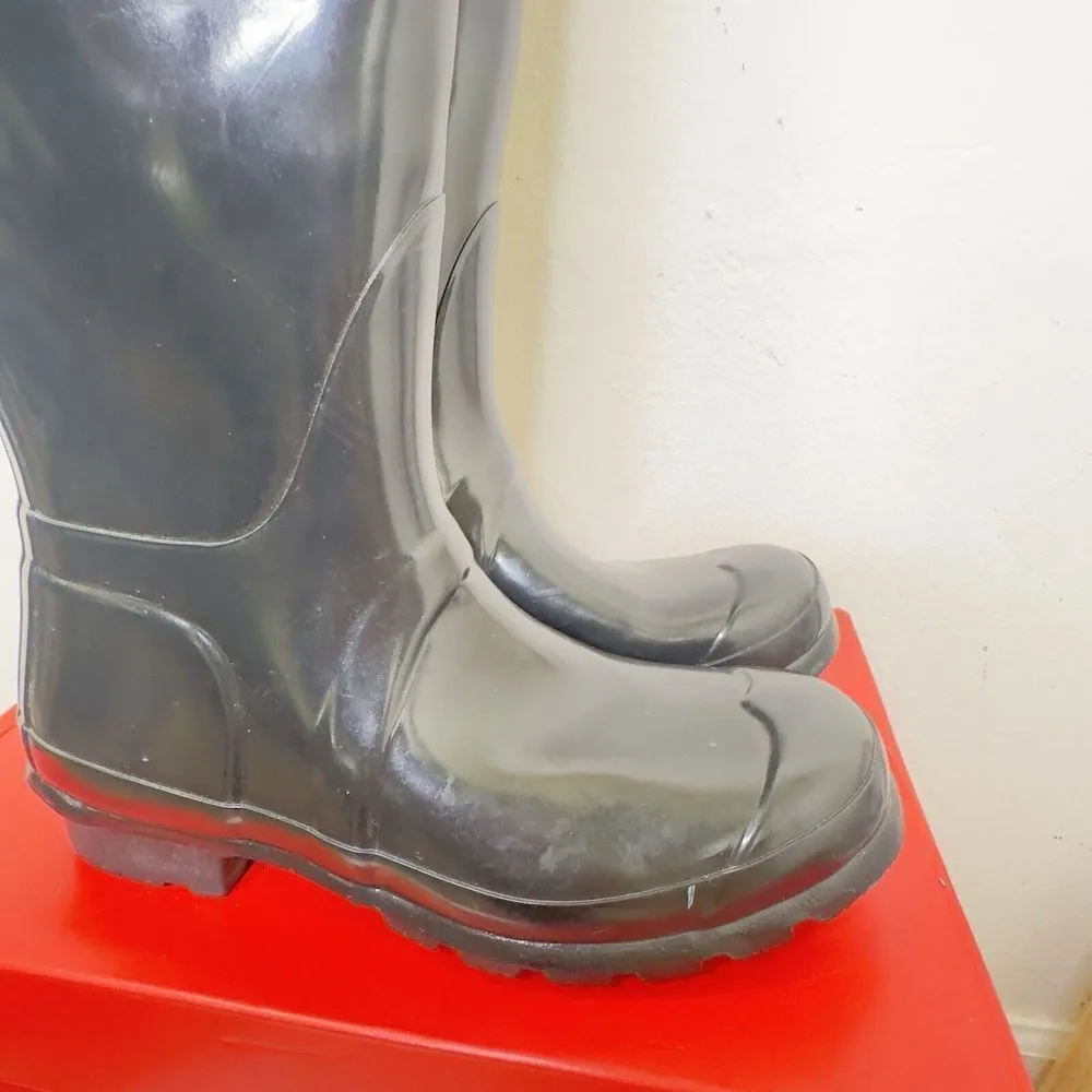 Hunter Original‎ Tall Boot Logo Women's Size 5 Black Gloss Waterproof With Socks - Image 5