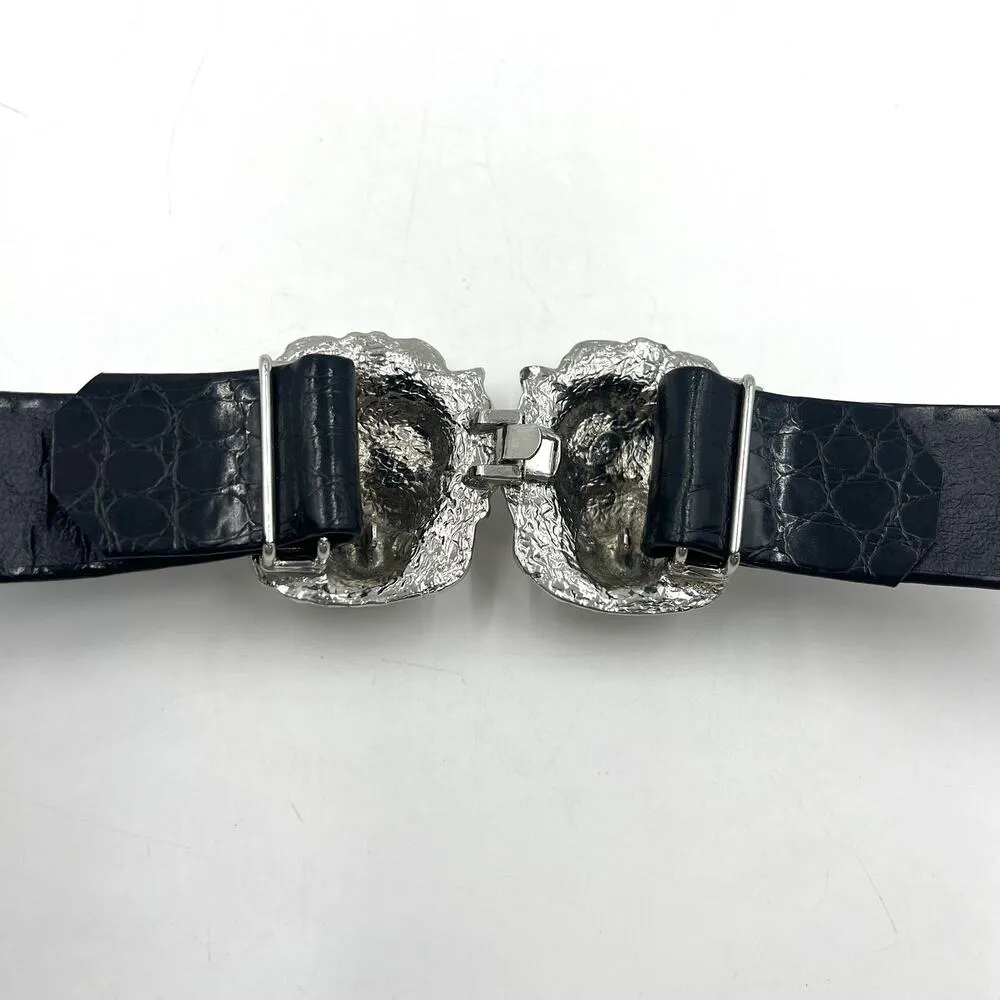 Vintage 70s Mimi di N Lions Head Belt Black Faux Croc Embossed - Image 3