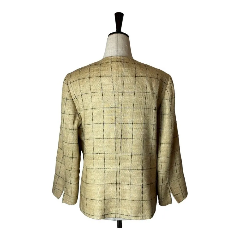 Max Mara Tan And Black Plaid Silk And‎ Linen Blend Two Button Blazer Size 12 - Image 2