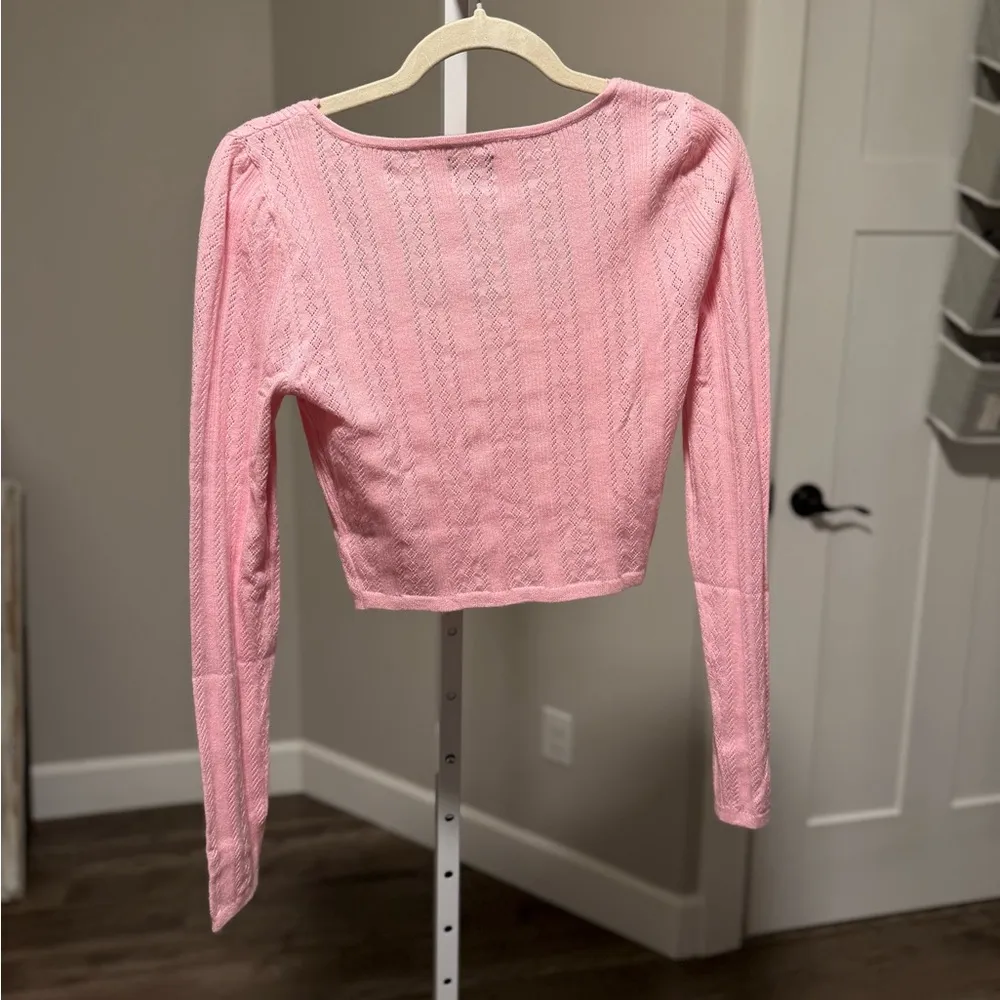 Beverly and Beck Zinnia Pink Pointelle Square Neck Lace Trim Cropped Long Sleeve Size M - Image 5