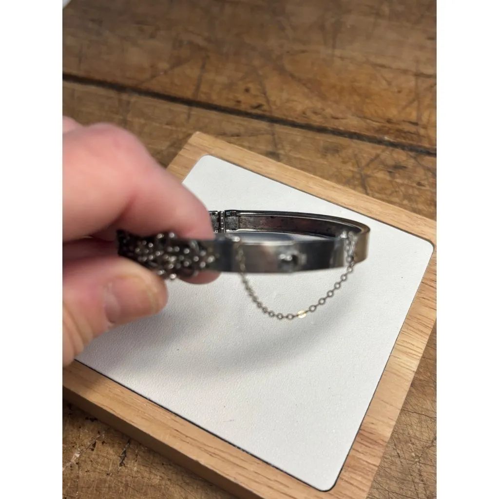Vintage Silver Hinged Bracelet With Pearl Accents & Intricate Floral Detailing F - Image 8