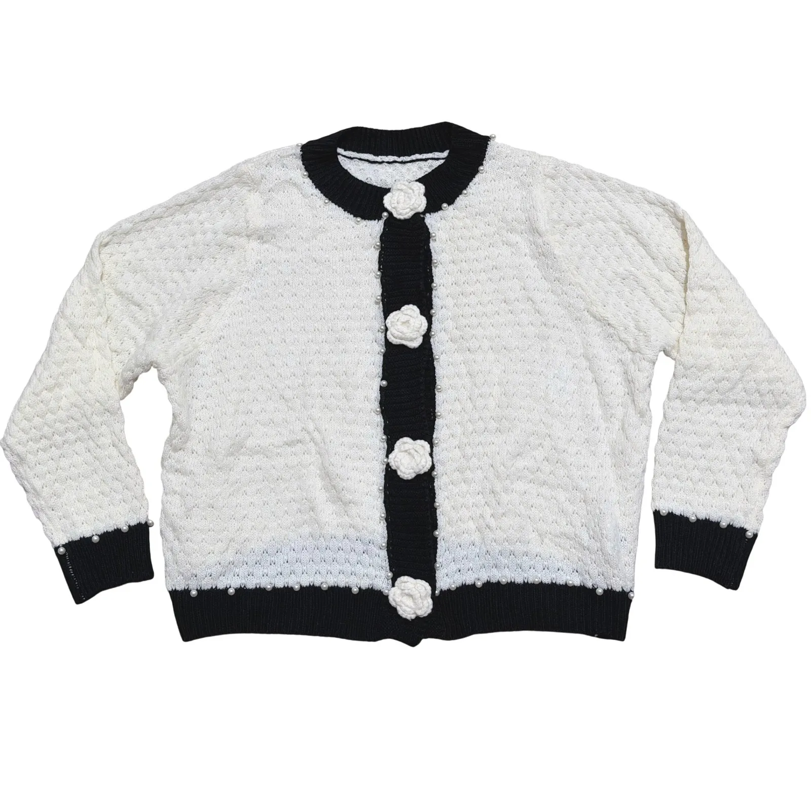 SHEIN CURVE Plus 0X XL Cream Black Knit Cardigan Sweater Pearl Flower Buttons Size undefined - Image 2