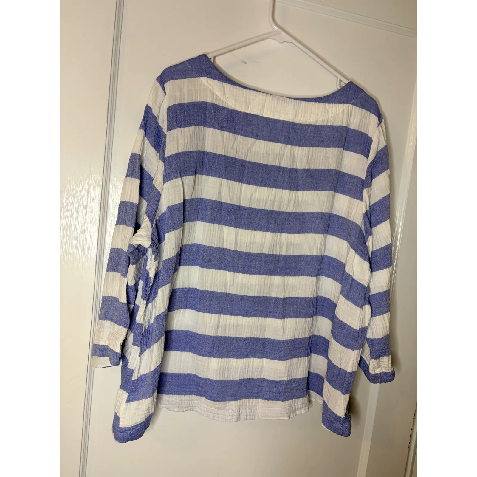Habitat Striped Cotton Gauze Long Sleeve Pocket Tunic Top Women's L Blue White - Image 4