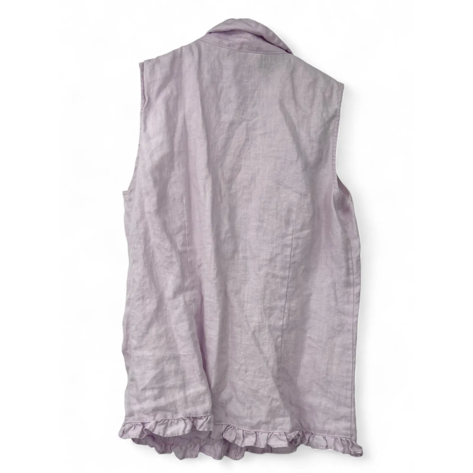 Irish Linen Sleeveless Top Tank Ruffle Front Collared Button Up Down Purple - Image 3