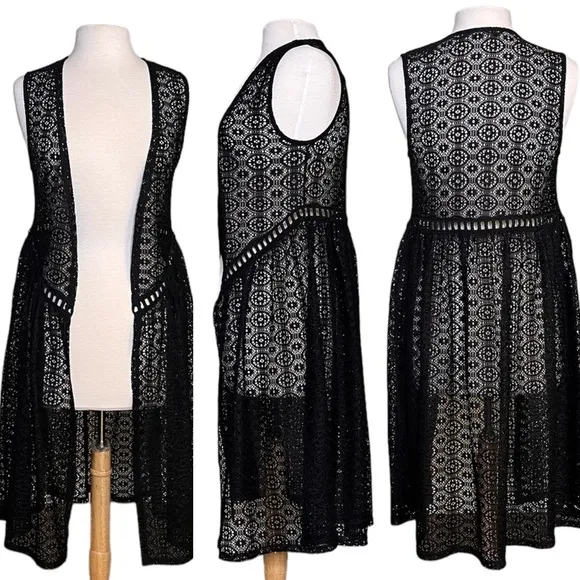 Crochet Vest Open Front Sleeveless Top Cardigan Cover Up S Small OS Black Size undefined - Image 2