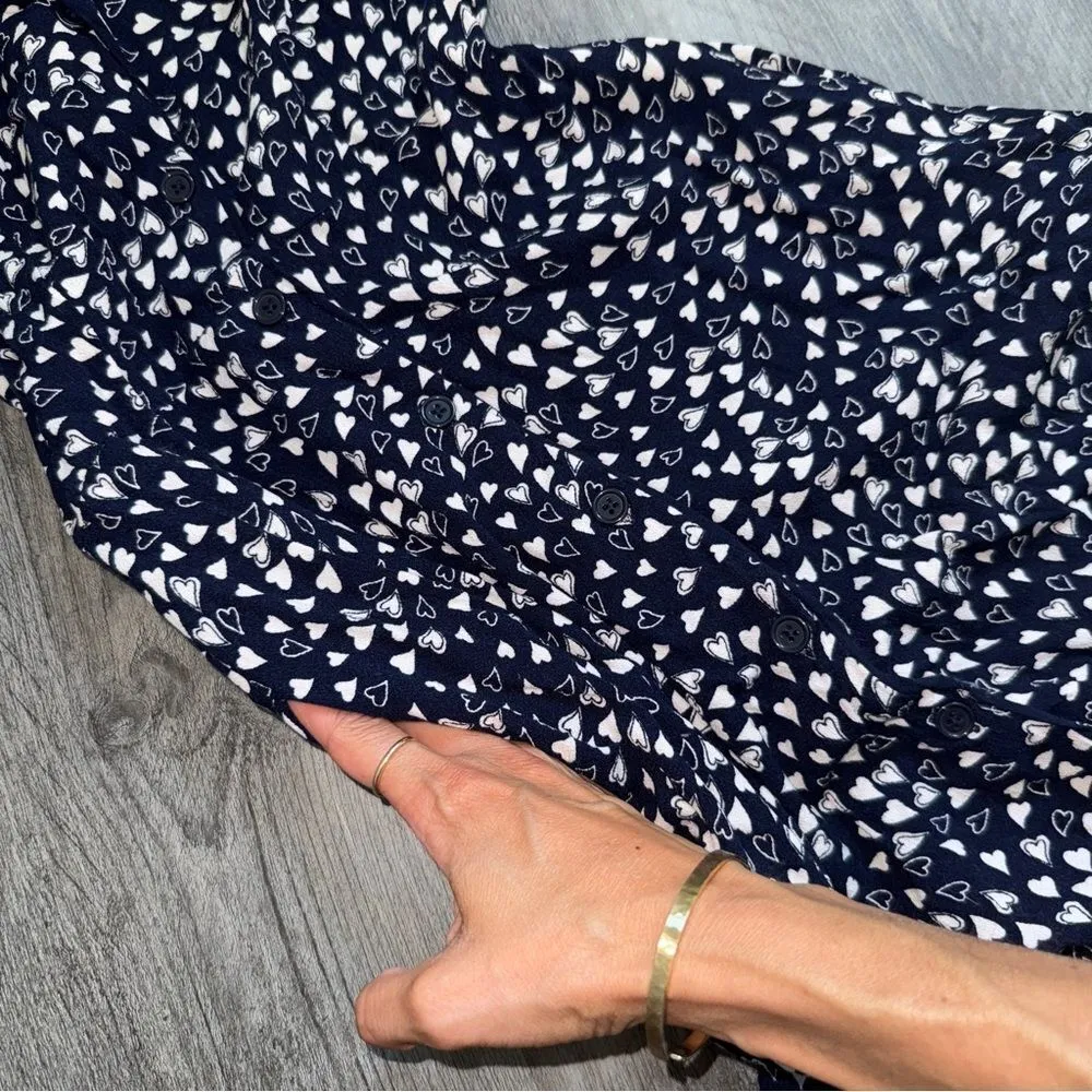 POPSUGAR Navy Blue White Heart Dress XS Button Down Pockets - Image 5
