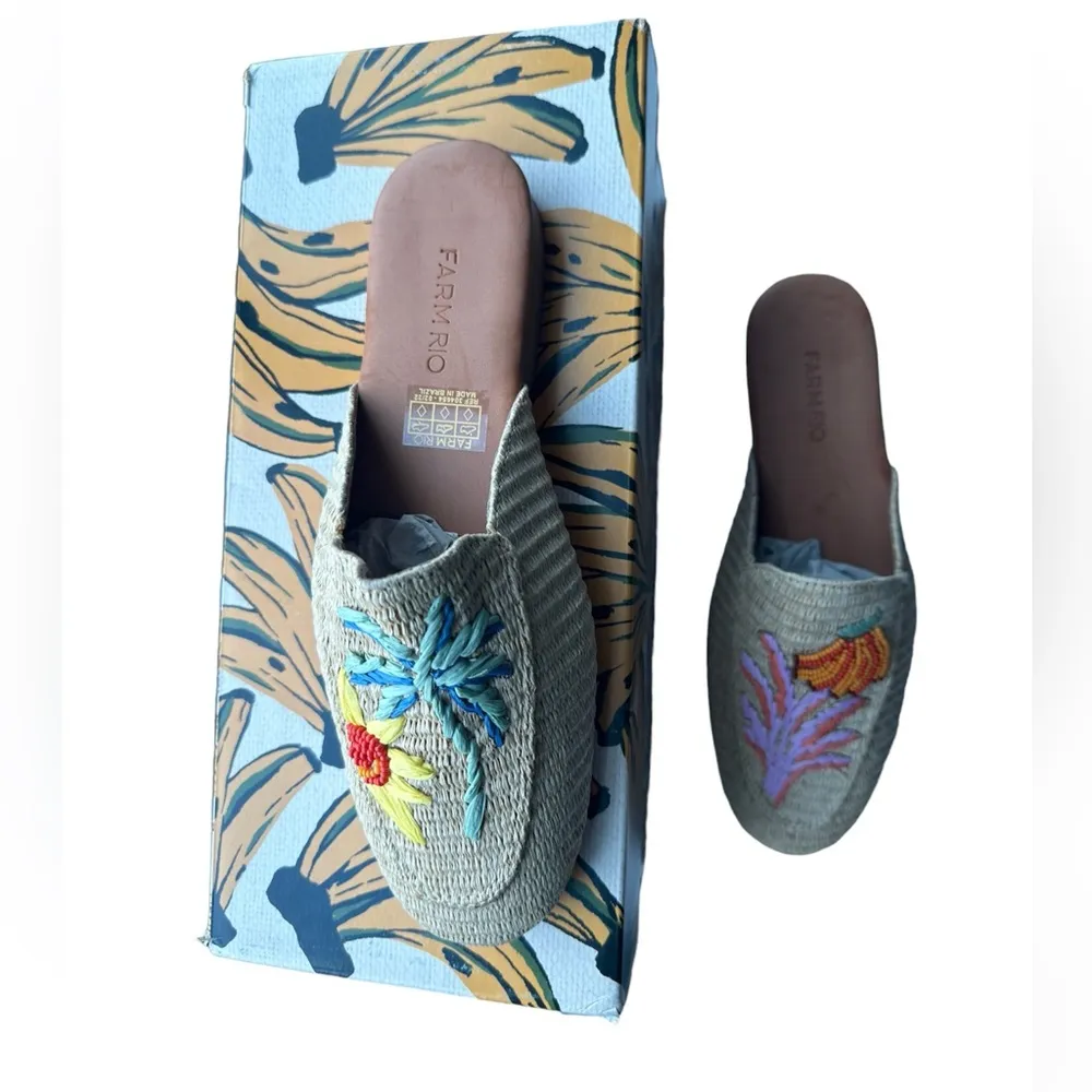 Brand New Farm Rio Womens Tropical Raffia Straw Mules with Embroidered details - Image 2