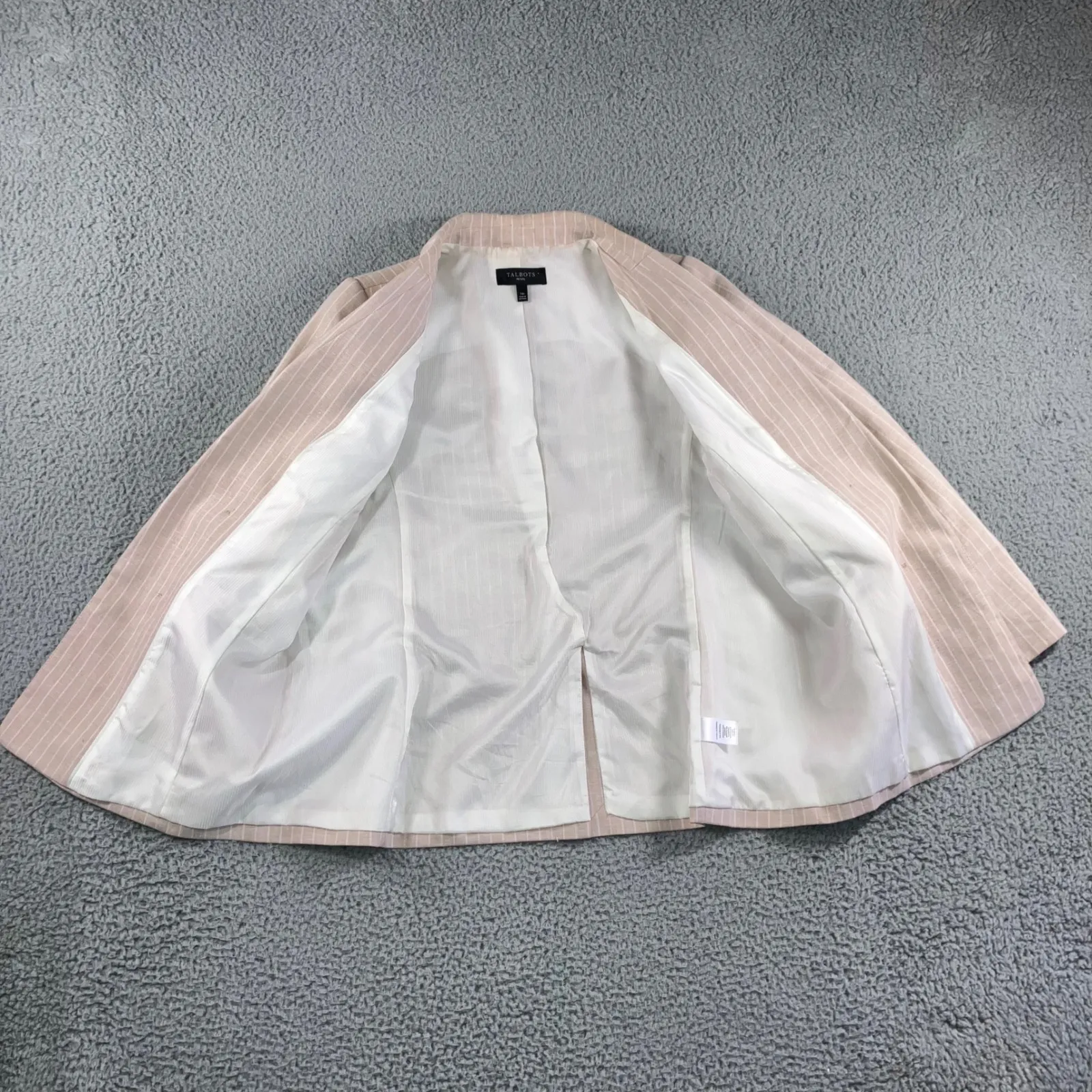 Talbots Linen Blend Pinstripe Double Breasted Blazer Jacket Women 14P Beige - Image 4