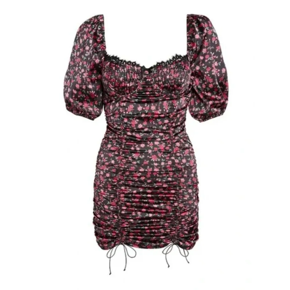 For Love and Lemons Ruched Bodycon Mini Dress Black Rose Satin Size Small NWT - Image 3