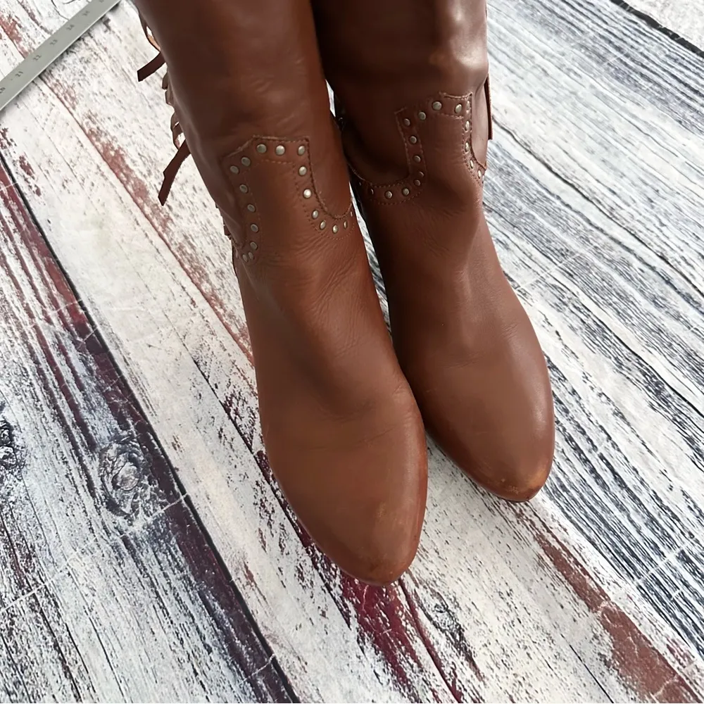 Vintage Nicole Genuine Leather Fringe Tall Heeled Boots​ Brown Size 8 - Image 4