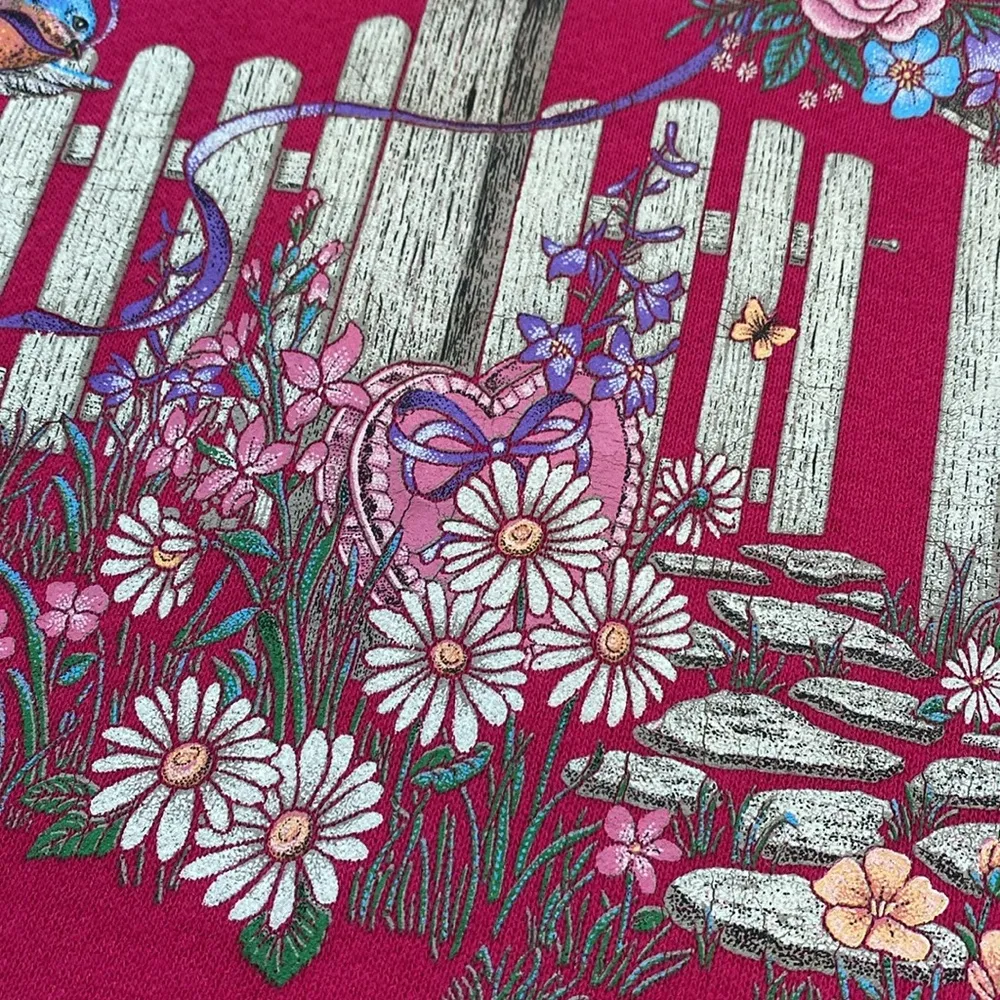 Vintage 90s Blue Jay Floral Love Sweatershirt Size L - Image 8