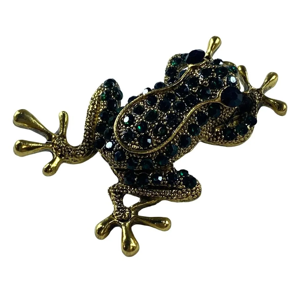 Frog Pin Brooch Gold Tone Metal Green Rhinestones Fashion Jewelry - Image 2