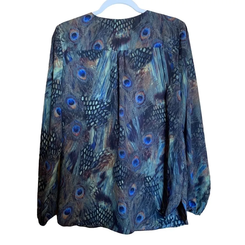Zac & Rachel Size Large Multicolor Peacock Feather Print Zipper Accent Blouse - Image 3