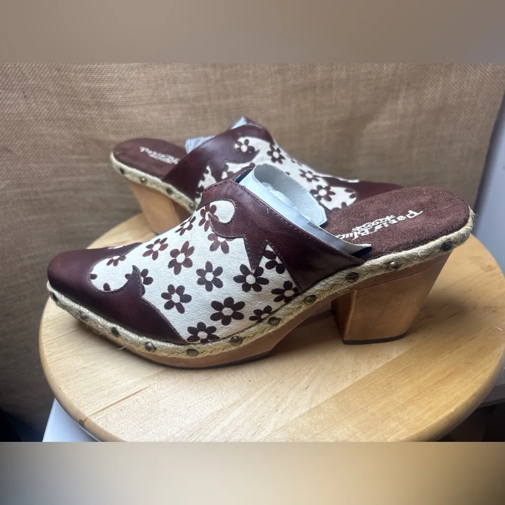 🌼RARE VTG Paris Blues size #9 Brown Floral Women's Clogs daysi print cow 🐄 🌼 - Image 11
