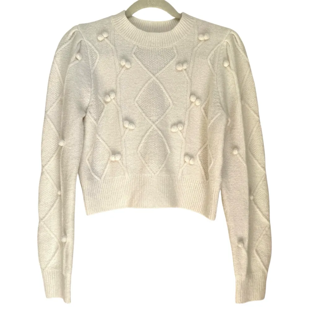 Elodie Cream Cropped Cable Knit Pom Pom Sweater S - Image 2