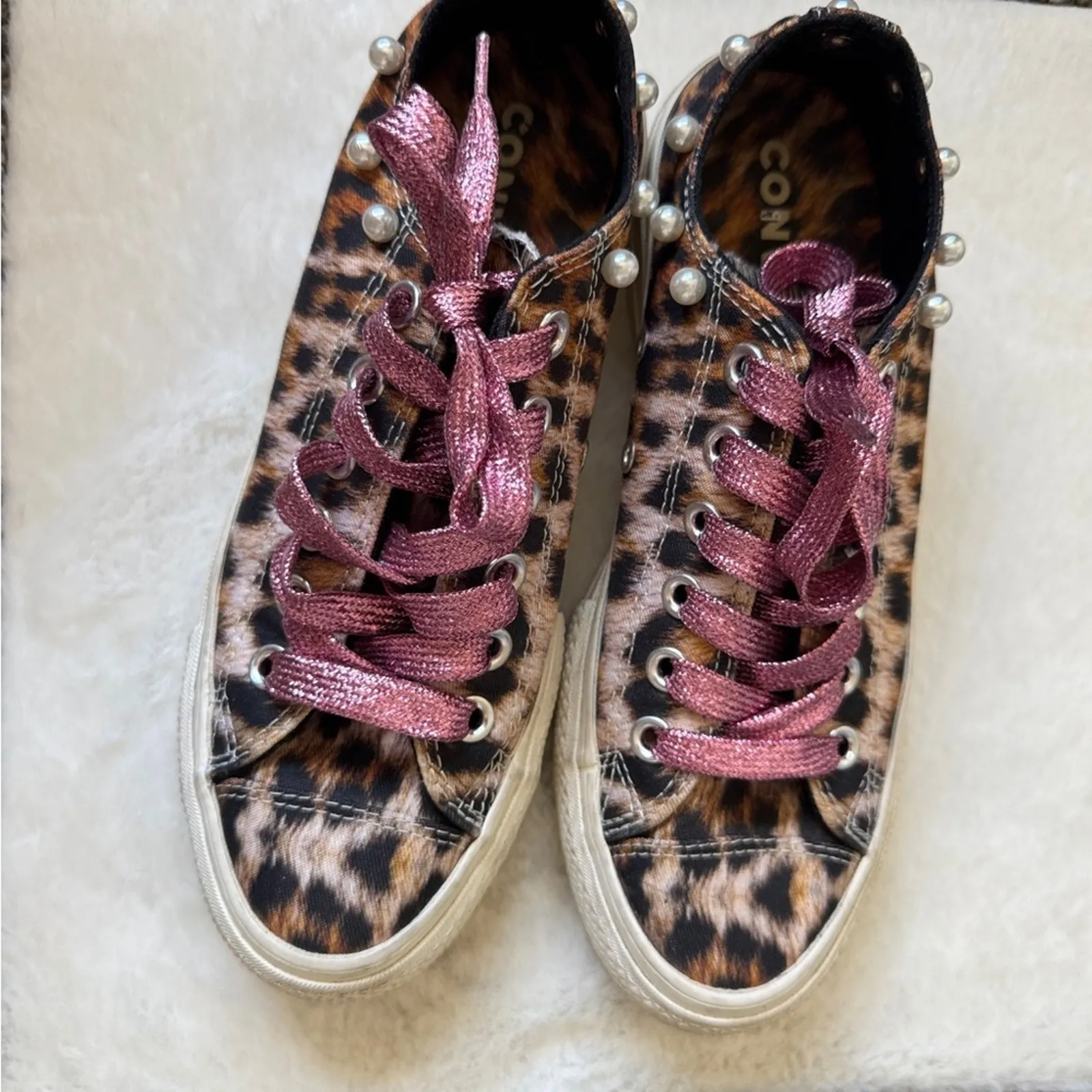 Converse All Stars Brown Animal Print Platform Sneakers Women 6 Pearls Pink Lace - Image 3