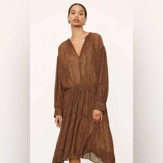Vince Starry Dot Womens Dress M Medium Brown Long Sleeve Shirred Midi‎ $495 - Image 2