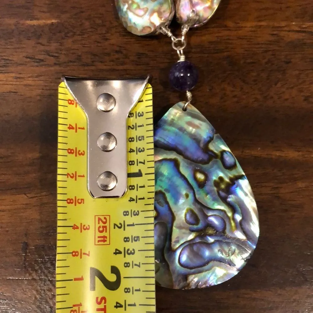 Vintage Abalone Amethyst Crystal Necklace with Abalone Teardrop Pendant - Image 3