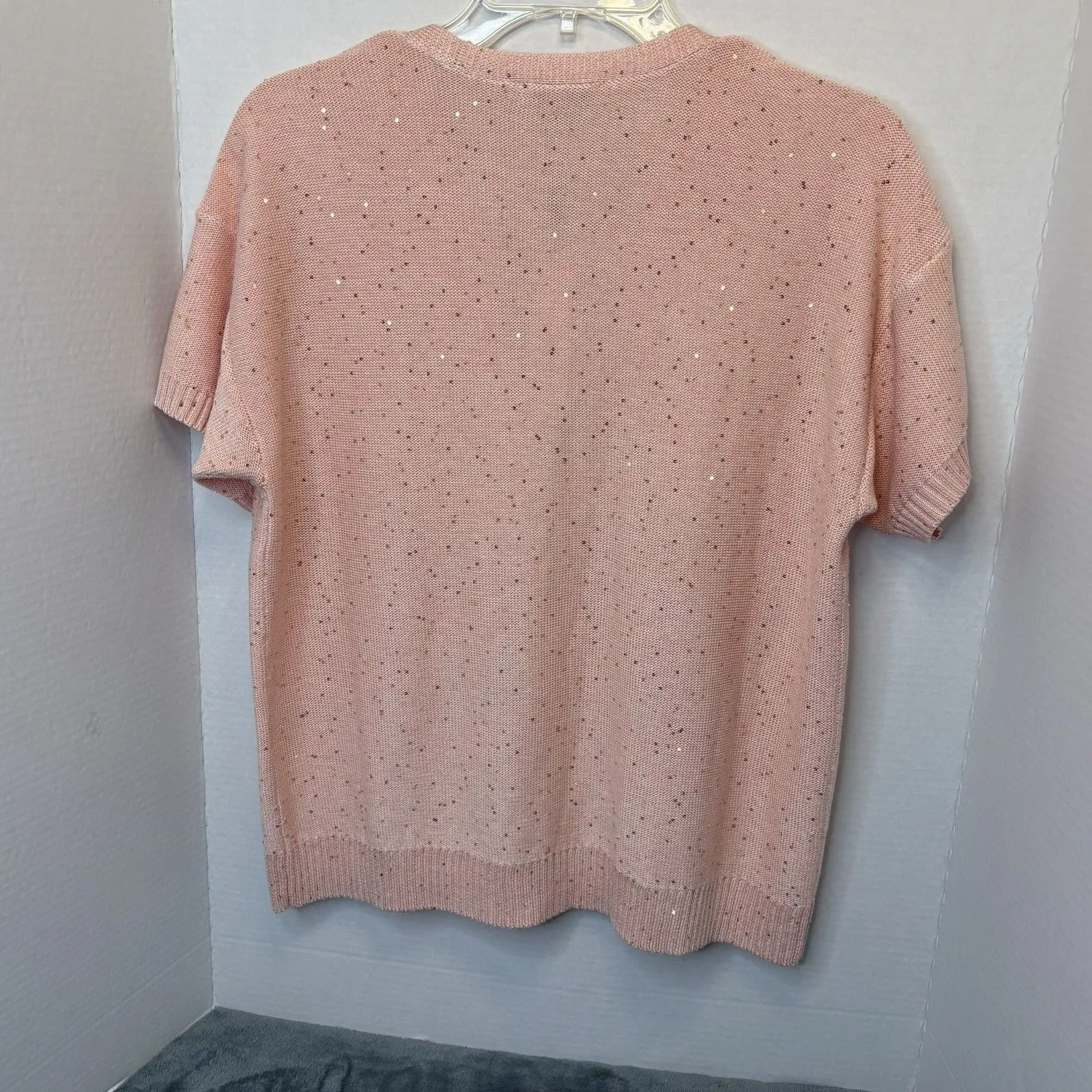 Chico's Sequin Short-Sleeved Cardigan Pink Size 1 Casual Chic Girly Sparkly - Image 4