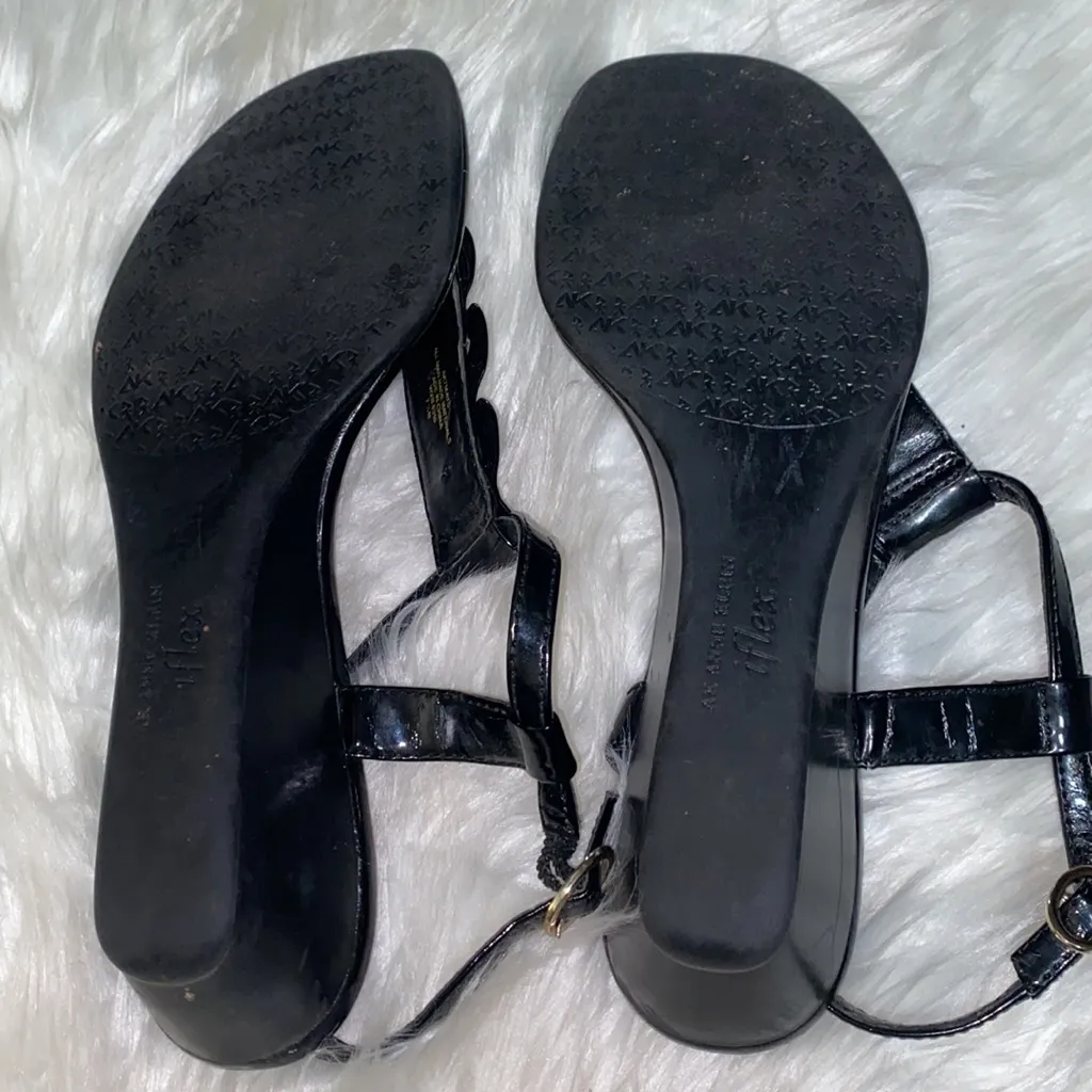 Anne Klein iflex Black and Gold Wedge Sandals With Gold Ball Design - Image 2