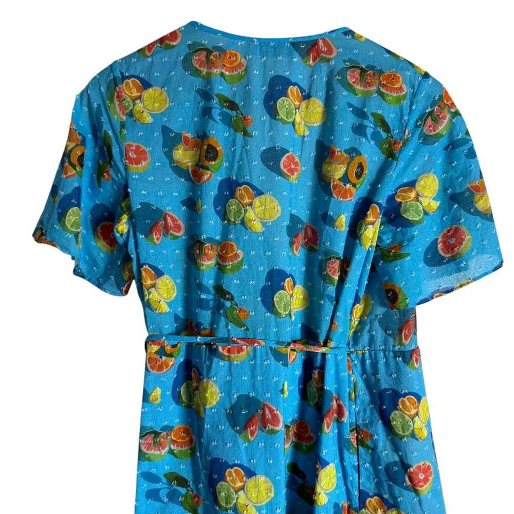 Rachel Antonoff Abby Blue Citrus Fruit Print Ruffle Wrap Mini Dress Size XS - Image 8