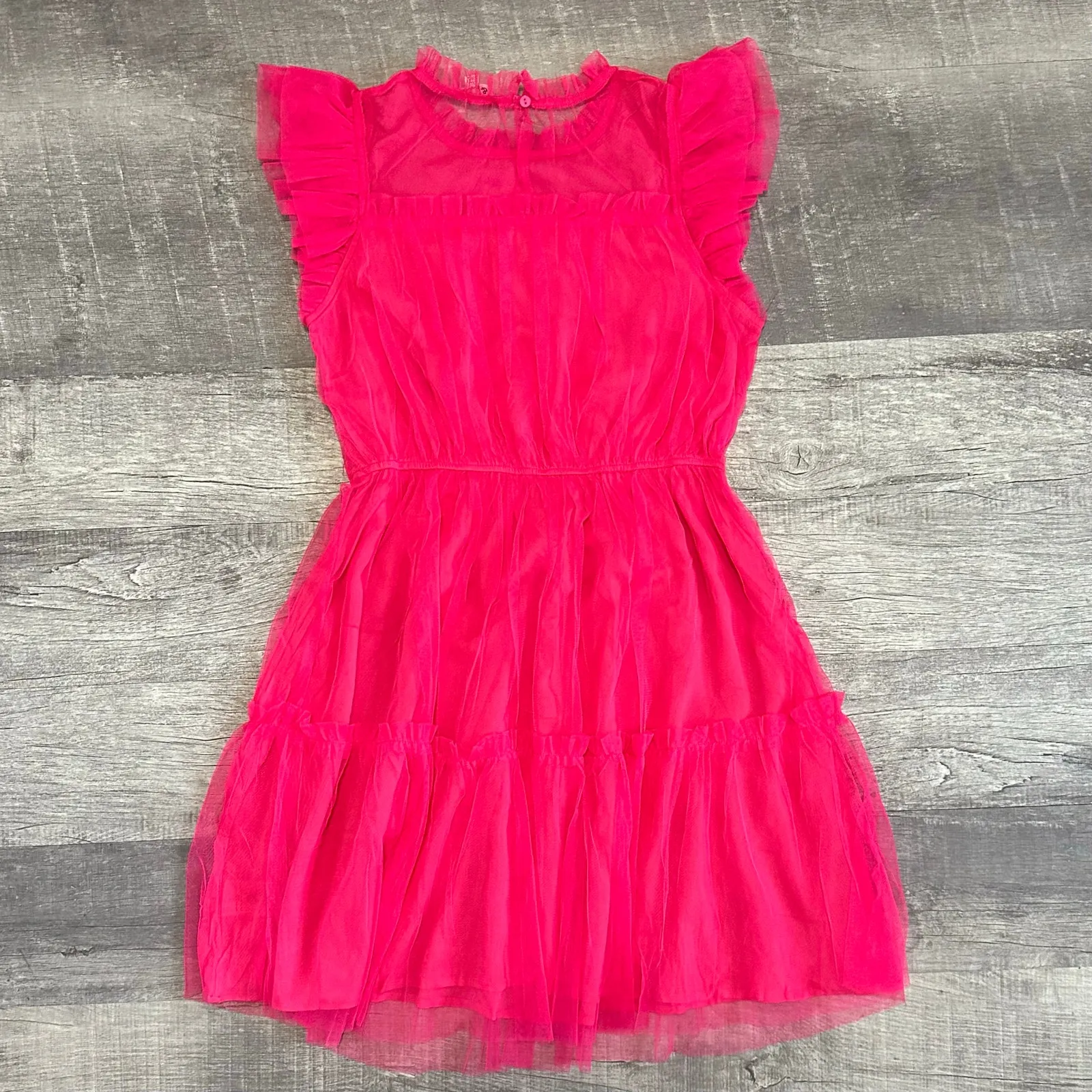 &Merci Ruffle Sleeve Sheer Tulle Short Dress NEW Womens L Hot Pink Mesh Tiered - Image 7