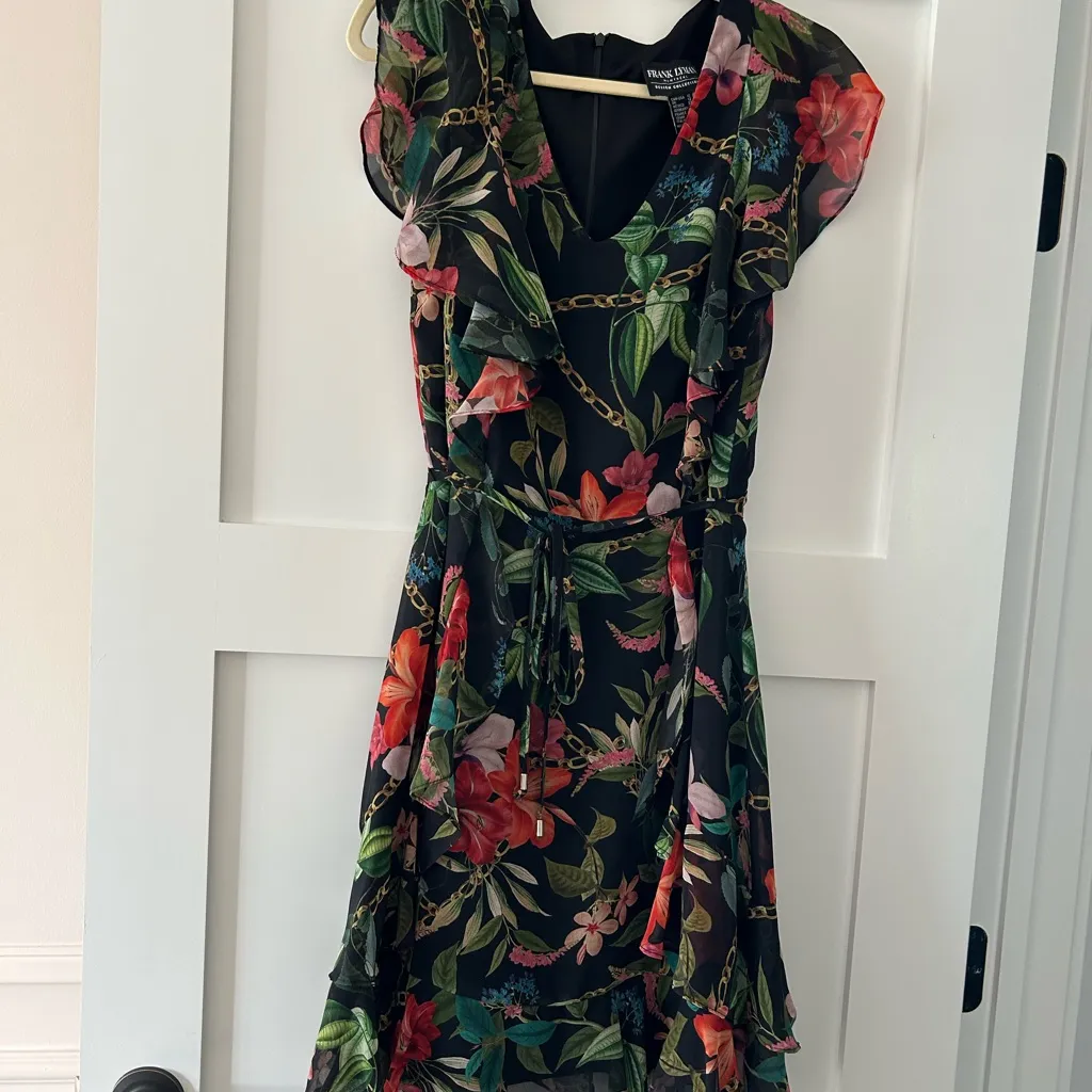 FRANK LYMAN FLORAL CHIFFON DRESS Black Red/Green Flower Dress Size 10 - Image 3