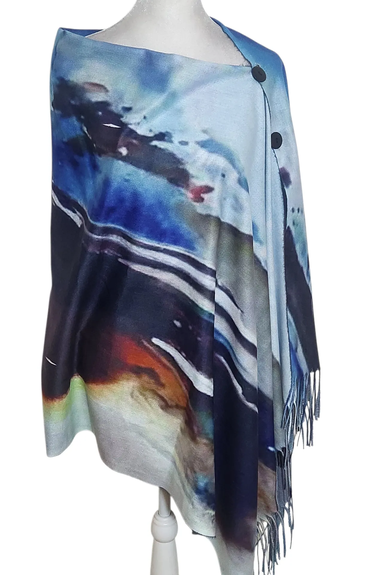Magic Scarf Abstract Sunset Shawl with Fringe One Size Abstract Button-Up Wrap - Image 1