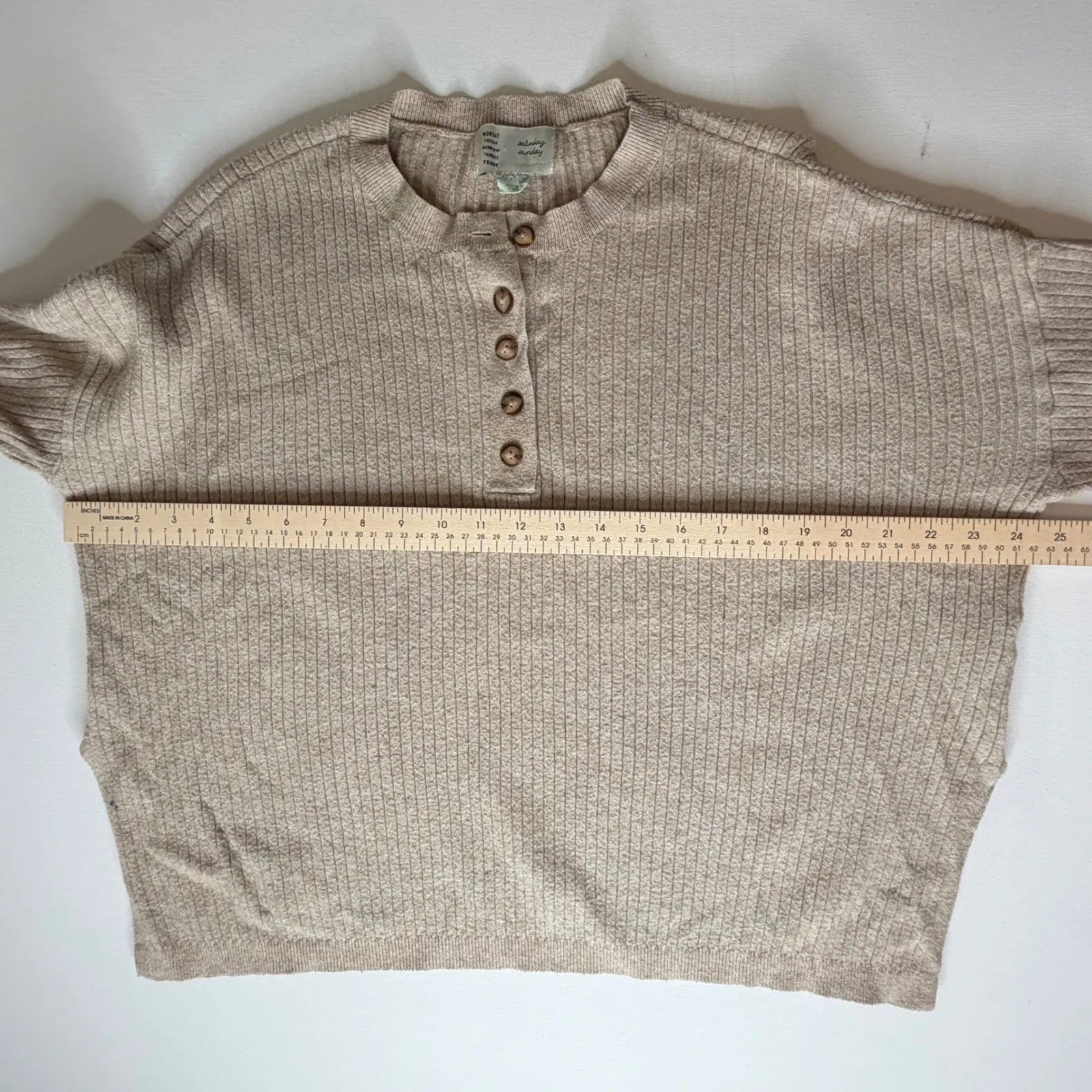 Saturday Sunday Anthropologie Henley Sweater Size XS Beige Ribbed Pullover Comfy Tan - Image 10