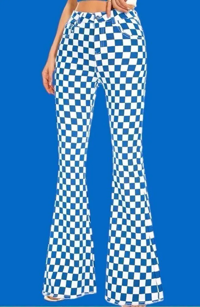 A beautiful soul awesome wide flared bell bottom blue and white checkere… Size 10 - Image 3
